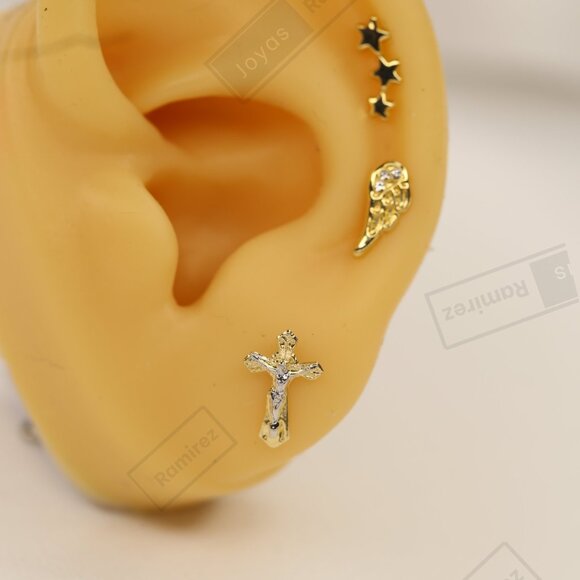 14K Solid Gold Two-Tone Cross Stud Earrings • Elegant Christian Symbol. - Picture 5 of 6